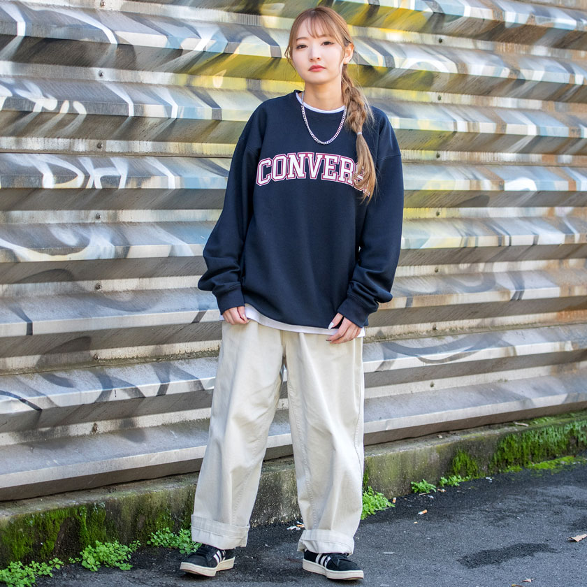 CONVERSE(コンバース)カレッジロゴプリントクルーネック長袖ビッグトレーナー/全3色