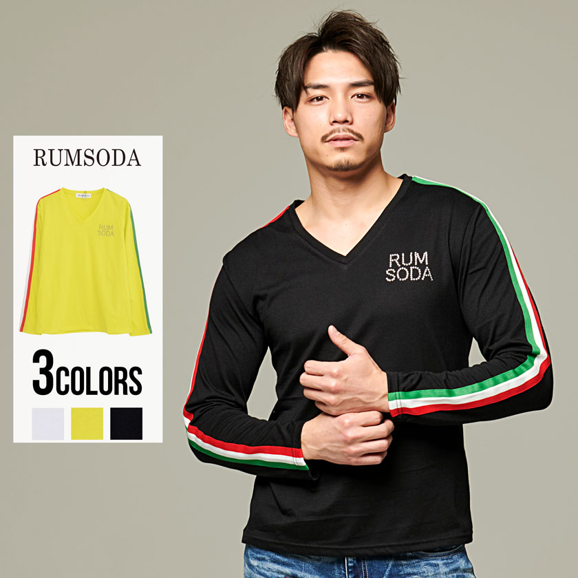 RUMSODA(ラムソーダ)イタリアンテープ貼付けVネック長袖ラインストーンTシャツ/全3色