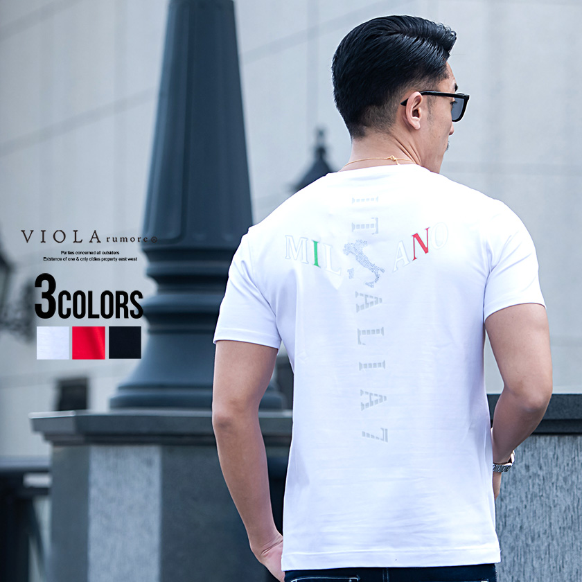 【SALE/セール】VIOLA(ヴィオラ)ラインストーン×メタリックプリントVネック半袖Tシャツ/全3色