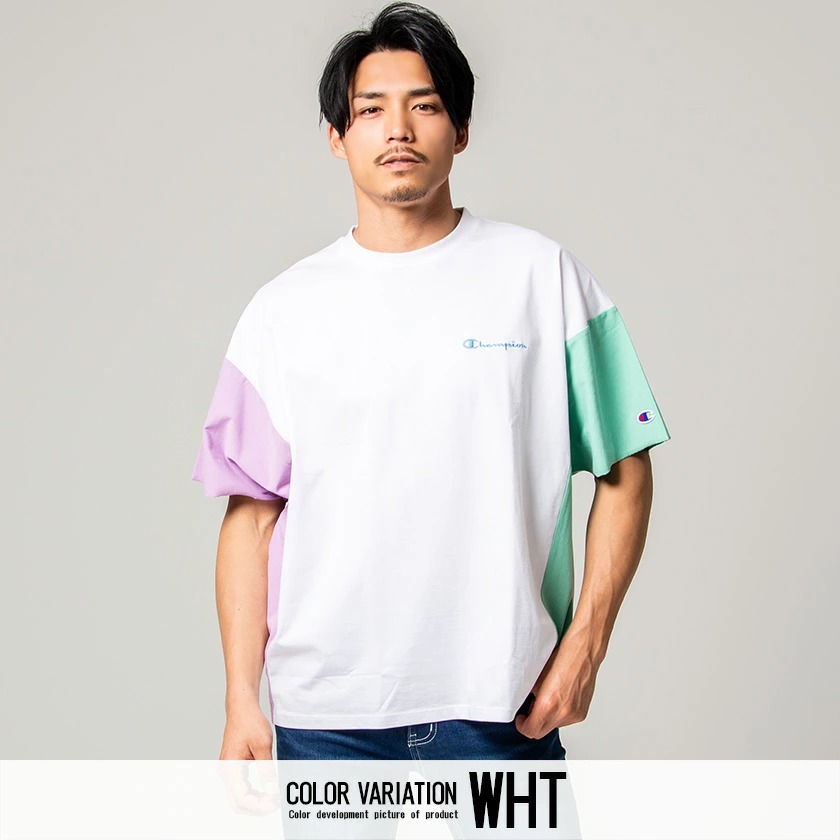 Champion チャンピオン 配色切り替えクルーネックドルマンスリーブビッグtシャツ 全3色