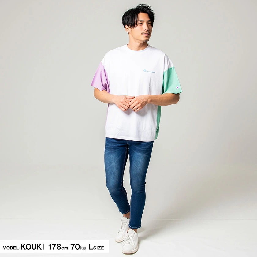 Champion チャンピオン 配色切り替えクルーネックドルマンスリーブビッグtシャツ 全3色