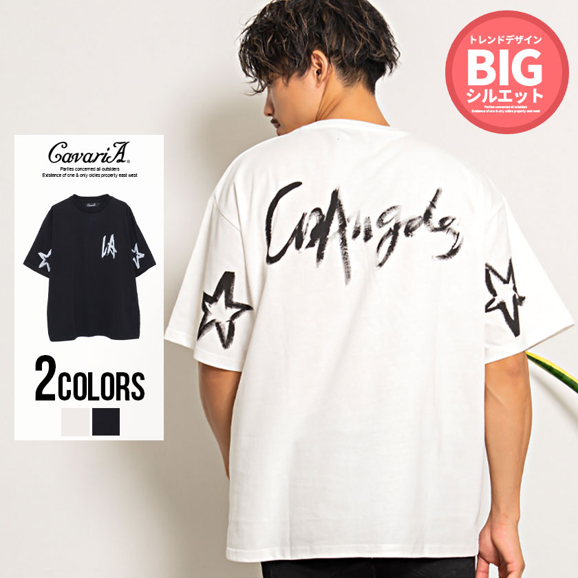 CavariA(キャバリア)手書き風プリントクルーネック半袖ビッグTシャツ/全2色