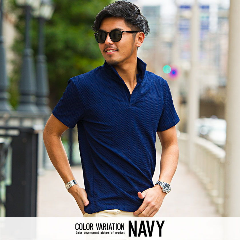 Cavaria キャバリア へリンボーン柄イタリアンカラ ポロシャツ半袖 全3色