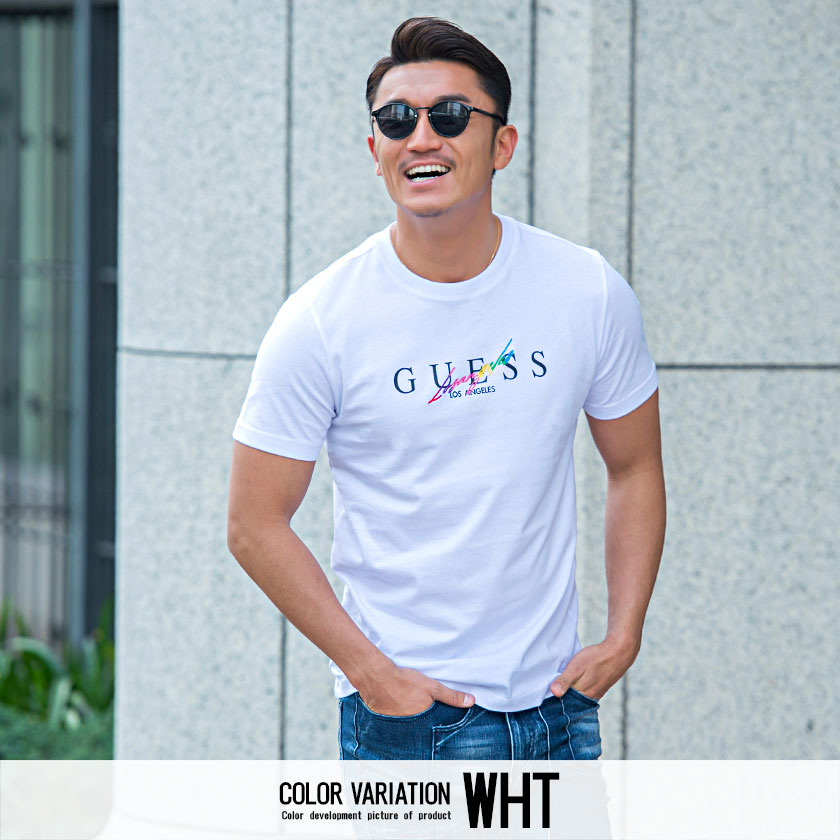 GUESS(ゲス)レインボー刺繍入りロゴプリントクルーネック半袖Tシャツ/全3色