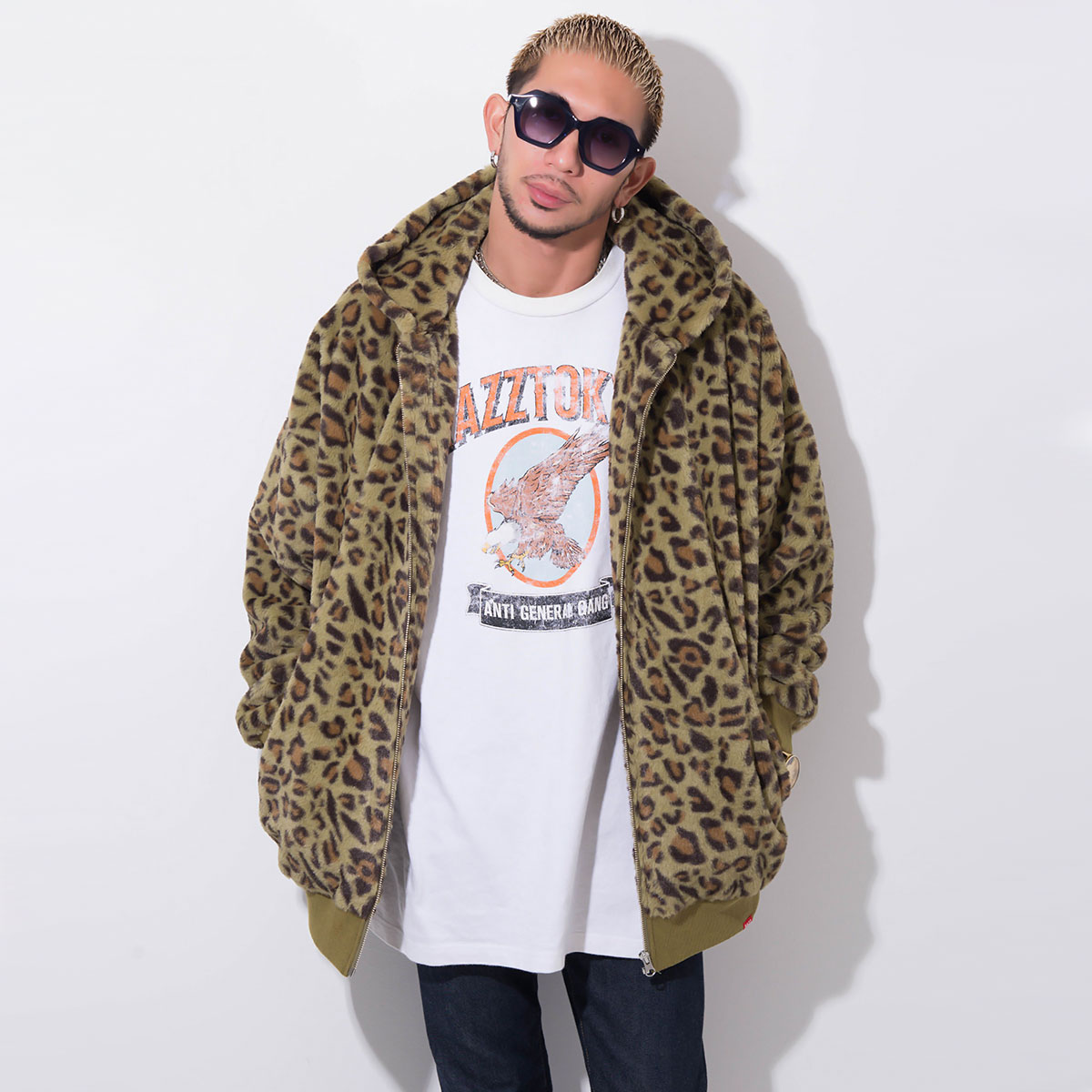 RAZZIS Leopard Zip-up fake fur hoodie / 2colors